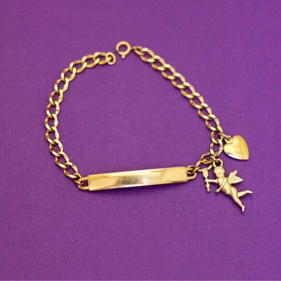 7 inch, Vintage Curb Chains Heart Charms Gold Tone Bracelet by Spiedel - Q39 - Picture 1 of 3